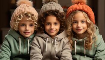 ai generado sonriente niños jugando, linda hermanos, alegre invierno retrato adentro generado por ai foto