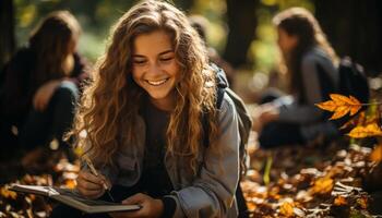 AI generated Young women sitting outdoors, reading book, enjoying autumn nature generated by AI photo