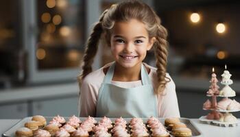 ai generado sonriente niña horneando galletas, alegre infancia en dulce cocina generado por ai foto