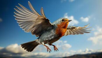 ai generado uno pequeño Gaviota volador libremente en el brillante azul cielo generado por ai foto