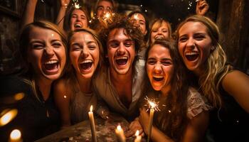 ai generado joven adultos sonriente, reír, y celebrando en un divertido fiesta generado por ai foto