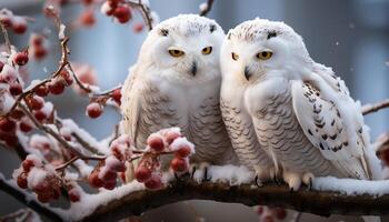 AI generated Snowy owl perching on branch, looking at camera in winter generated by AI photo