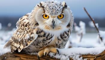 ai generado Nevado búho encaramado en rama, curioso con intenso azul ojos generado por ai foto