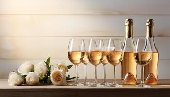 AI generated Luxury celebration wine, champagne, romance, elegance, gold, glass, bouquet generated by AI photo