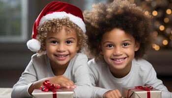 ai generado sonriente niños, linda hermanos, alegre familia, celebrando Navidad alegremente generado por ai foto