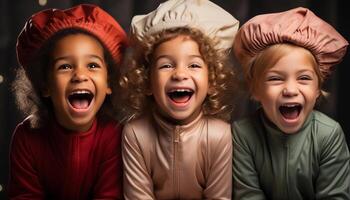 AI generated Three cheerful children playing and laughing, looking at the camera generated by AI photo