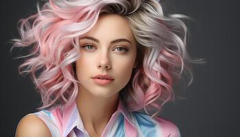 AI generated Beautiful blond woman with curly hair looking at camera, smiling generated by AI photo