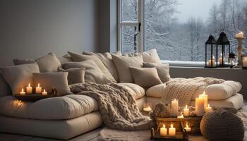 ai generado un acogedor invierno dormitorio con luz de una vela, nieve, y calor generado por ai foto