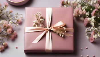 AI generated A cute gift box wrapped in pink flower pattern paper generated by AI photo