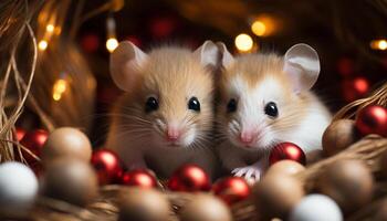 ai generado mullido mamífero celebra Navidad con brillante regalos y linda mascotas generado por ai foto