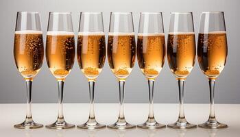 ai generado champán flautas en un fila, dorado burbujas celebrar el fiesta generado por ai foto