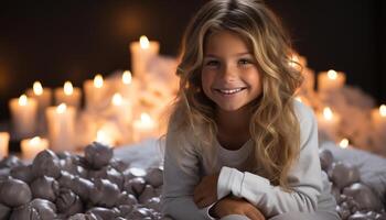 AI generated Smiling child holds candle, radiating happiness in cute portrait generated by AI photo