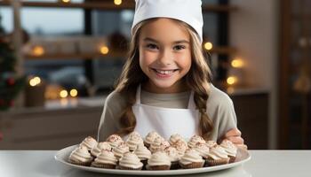 AI generated A cute, cheerful girl baking homemade cookies in the kitchen generated by AI photo