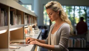 ai generado joven mujer estudiando en un biblioteca, elegir un libro a leer generado por ai foto