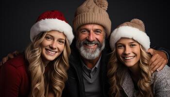 AI generated Smiling family celebrates winter, love, and togetherness in portrait generated by AI photo