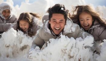 AI generated Smiling family playing in the snow, enjoying winter together generated by AI photo