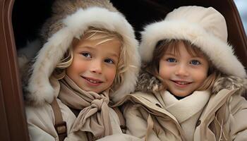 ai generado sonriente niño, linda y alegre, felicidad en invierno al aire libre generado por ai foto