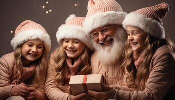 ai generado sonriente familia celebra invierno, Navidad árbol, amar, y unión generado por ai foto