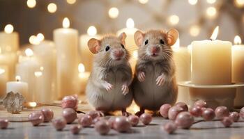 AI generated Cute small mammal looking at burning candle, celebrating love generated by AI photo