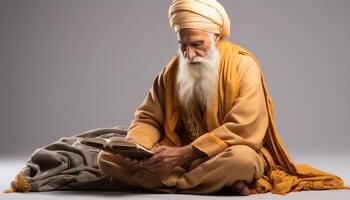 ai generado un hombre leyendo el Biblia, Orando, y meditando en un estudio generado por ai foto