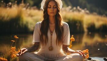 ai generado joven mujer meditando en naturaleza, disfrutando pacífico relajación por el agua generado por ai foto