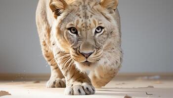 ai generado majestuoso león, en peligro de extinción belleza, curioso, caminando, sesión, vigilancia, piel generado por ai foto