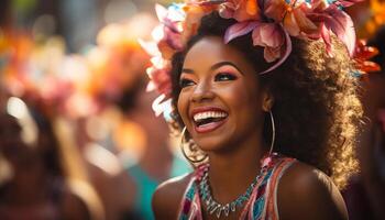 ai generado joven mujer disfrutando un verano música festival, sonriente y riendo generado por ai foto