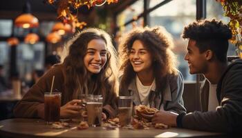 ai generado grupo de amigos disfrutando un divertido noche fuera a un bar generado por ai foto