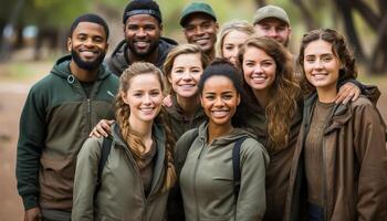 AI generated A cheerful group of young adults smiling, enjoying nature together generated by AI photo