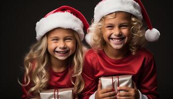 AI generated Two cute girls smiling, celebrating Christmas with gifts and decorations generated by AI photo