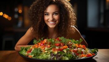 AI generated One woman smiling, looking at camera, enjoying fresh vegetarian salad generated by AI photo