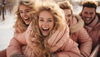 AI generated Young adults enjoying nature, smiling and embracing in warm clothing generated by AI photo