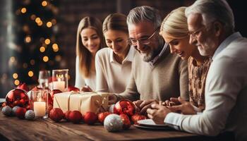 AI generated Family sitting together, smiling, bonding, enjoying Christmas decoration and food generated by AI photo