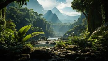 ai generado viaje a el tropical selva, explorar el tranquilo montaña pico generado por ai foto