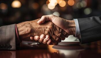 AI generated Successful businessmen shaking hands in a professional office environment generated by AI photo