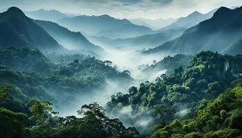 AI generated Majestic mountain peak, foggy landscape, tranquil forest, green meadow generated by AI photo