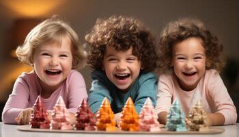 ai generado sonriente niños jugando, alegre hermanos mirando a cámara, felicidad juntos generado por ai foto