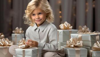 AI generated Smiling child holds gift box, bringing joy to celebration generated by AI photo