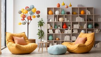 AI generated Modern apartment with bright, comfortable sofa, vibrant decorations, and cozy armchair generated by AI photo