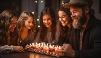 AI generated Group of young adults enjoying a candlelit celebration indoors generated by AI photo