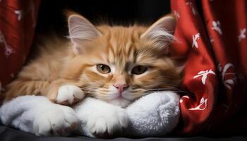 AI generated Cute kitten with fluffy fur, staring outdoors, resting on bed generated by AI photo