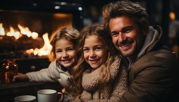 ai generado sonriente familia, alegre adentro, unión en calentar invierno celebracion generado por ai foto