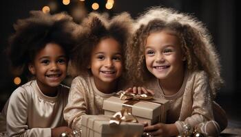 ai generado sonriente niños participación Navidad regalos, celebrando felicidad y unión generado por ai foto