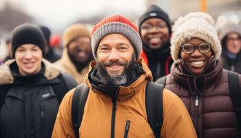 AI generated A group of cheerful friends hiking in winter, smiling confidently generated by AI photo