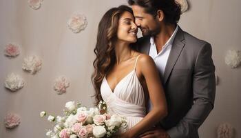 ai generado joven Pareja abrazando, sonriente, celebrando amar, boda, y felicidad juntos generado por ai foto