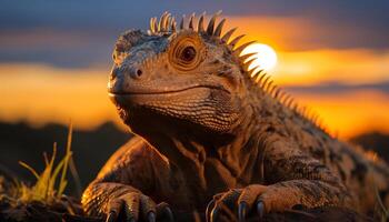 AI generated Dragon like iguana in the wild, close up, looking at camera generated by AI photo