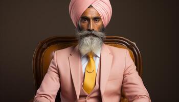 AI generated Confident businessman in suit and turban, sitting, looking at camera generated by AI photo