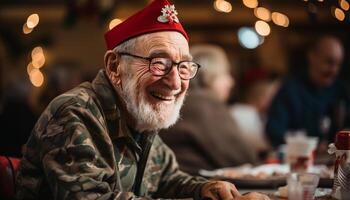 AI generated Smiling senior men enjoying Christmas celebration, looking at camera generated by AI photo