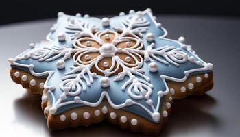 AI generated Homemade gingerbread cookies, decorated with icing and candy shapes generated by AI photo