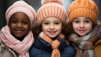 AI generated Smiling children, cheerful outdoors, cute portrait, friendship, winter fun generated by AI photo